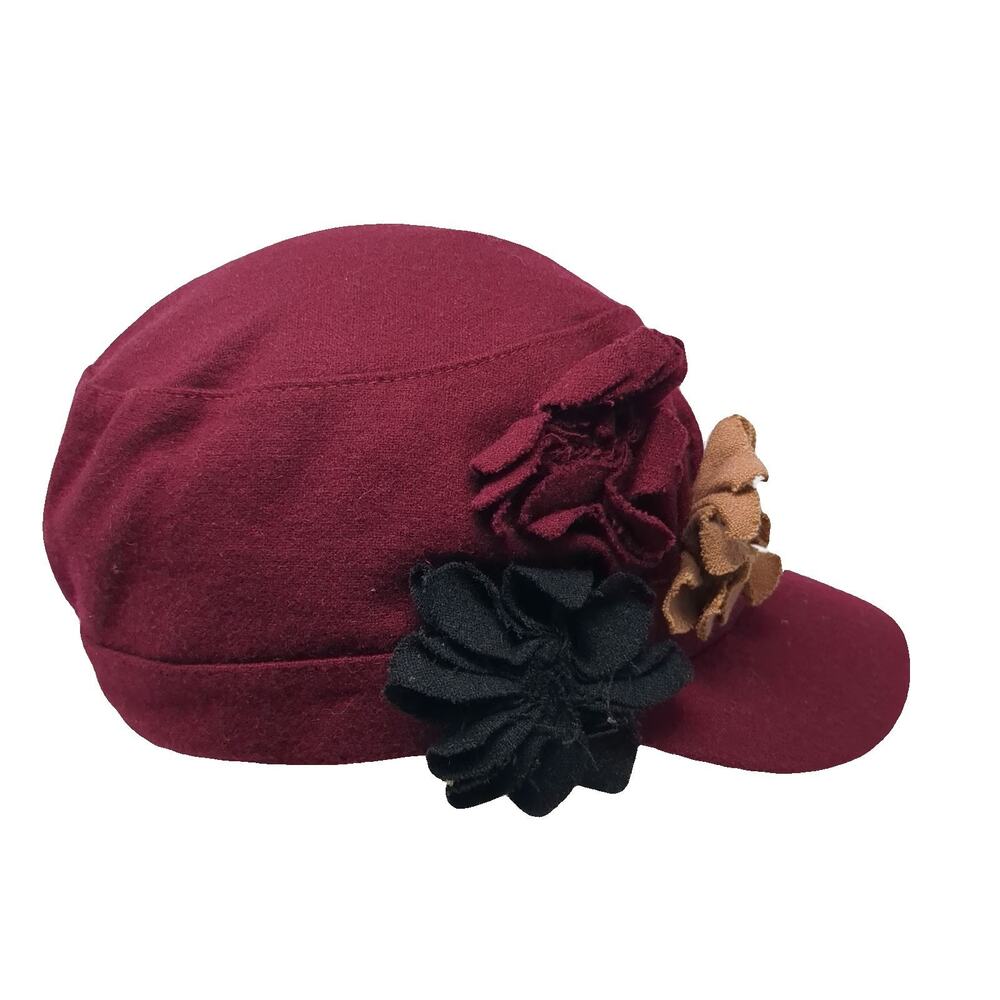Old County Road Red Army Cap Hat One Size Fitted Wool Blend Side Floral Rosettes